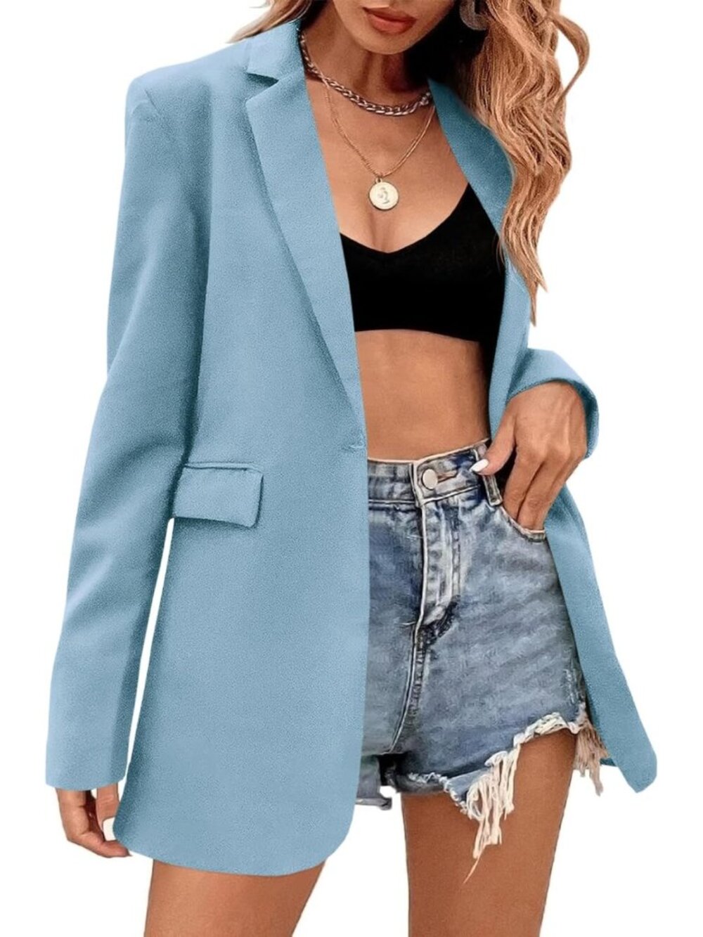 🆕Women's Blue Loose Fit Single Button Blazer Long Sleeve Office Suit Coat